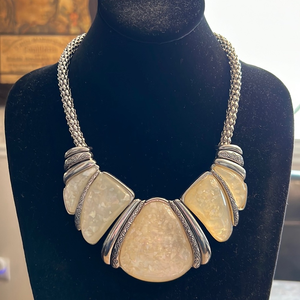 Silvertone And Cream Statement Necklace With Moth… - image 1